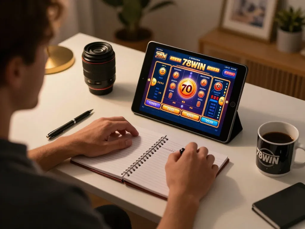 Engaging online gaming session featuring 78WIN on a tablet with strategies notes easily visible.