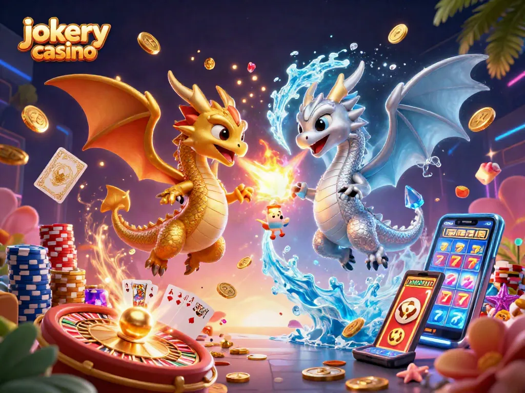 Experience the thrill at Jokery Casino with dragons guarding treasures, roulette, and vibrant gaming elements.