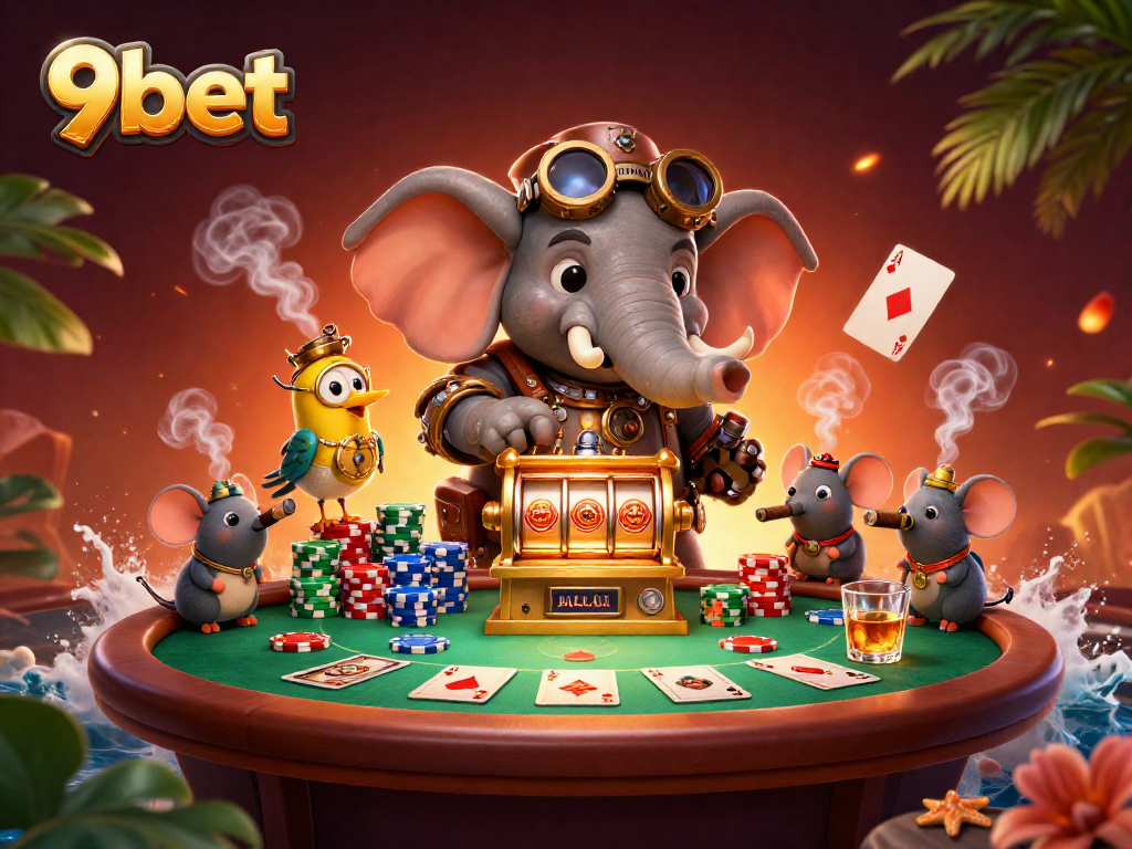 Spin the golden slot machine at 9bet with a steampunk elephant engineer and poker elements.