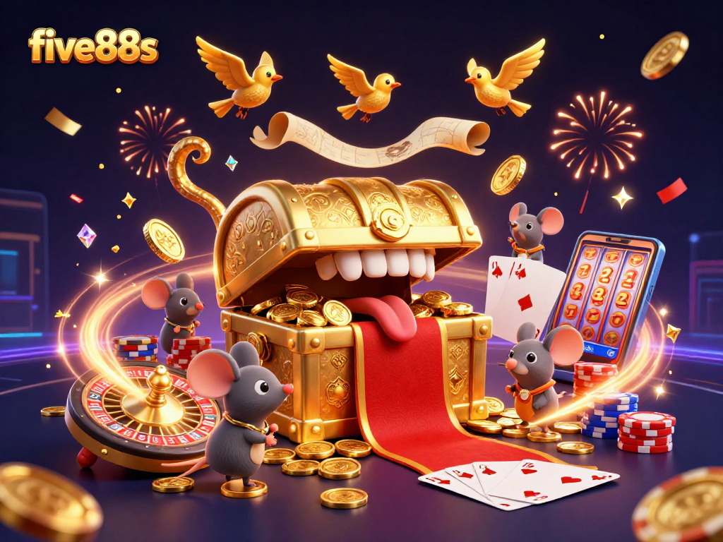 Engage in exciting gameplay at five88s with gleaming treasure chests and spinning roulette wheels.