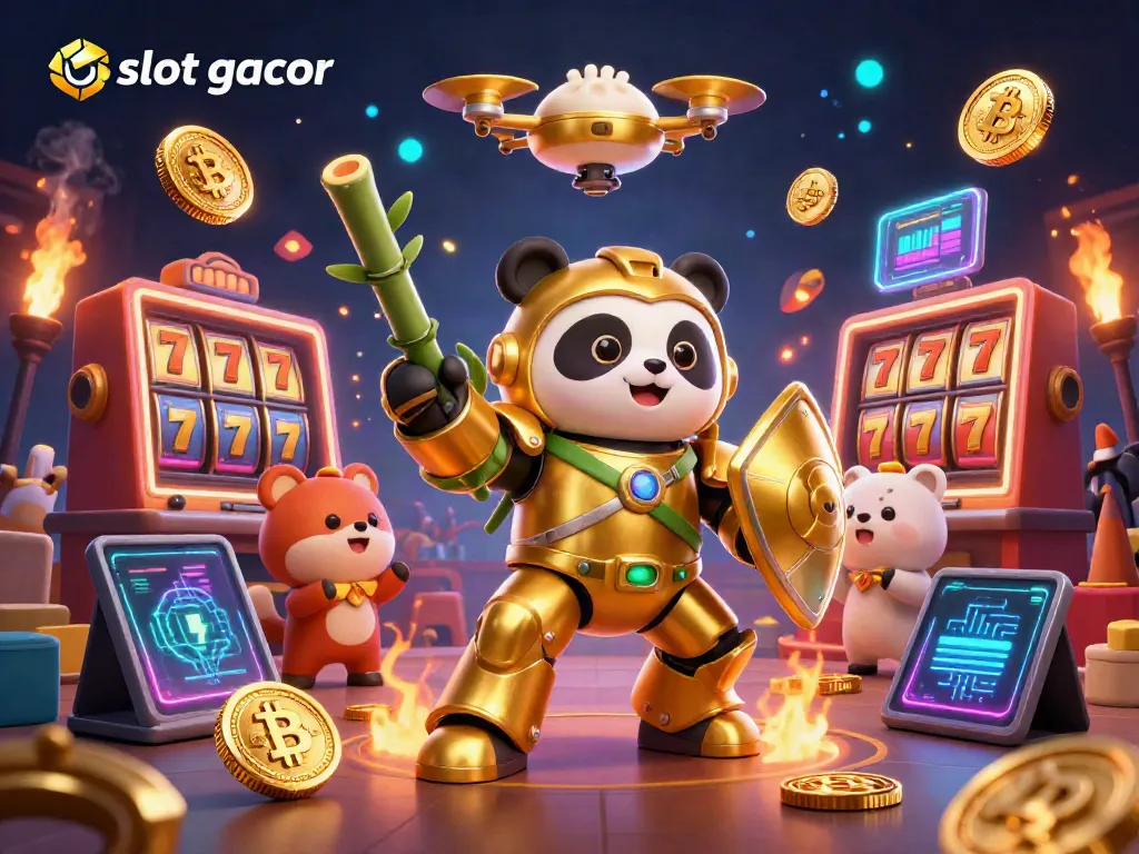 Experience slot gacor in an animated scene with a panda robot and glowing jackpot reels.