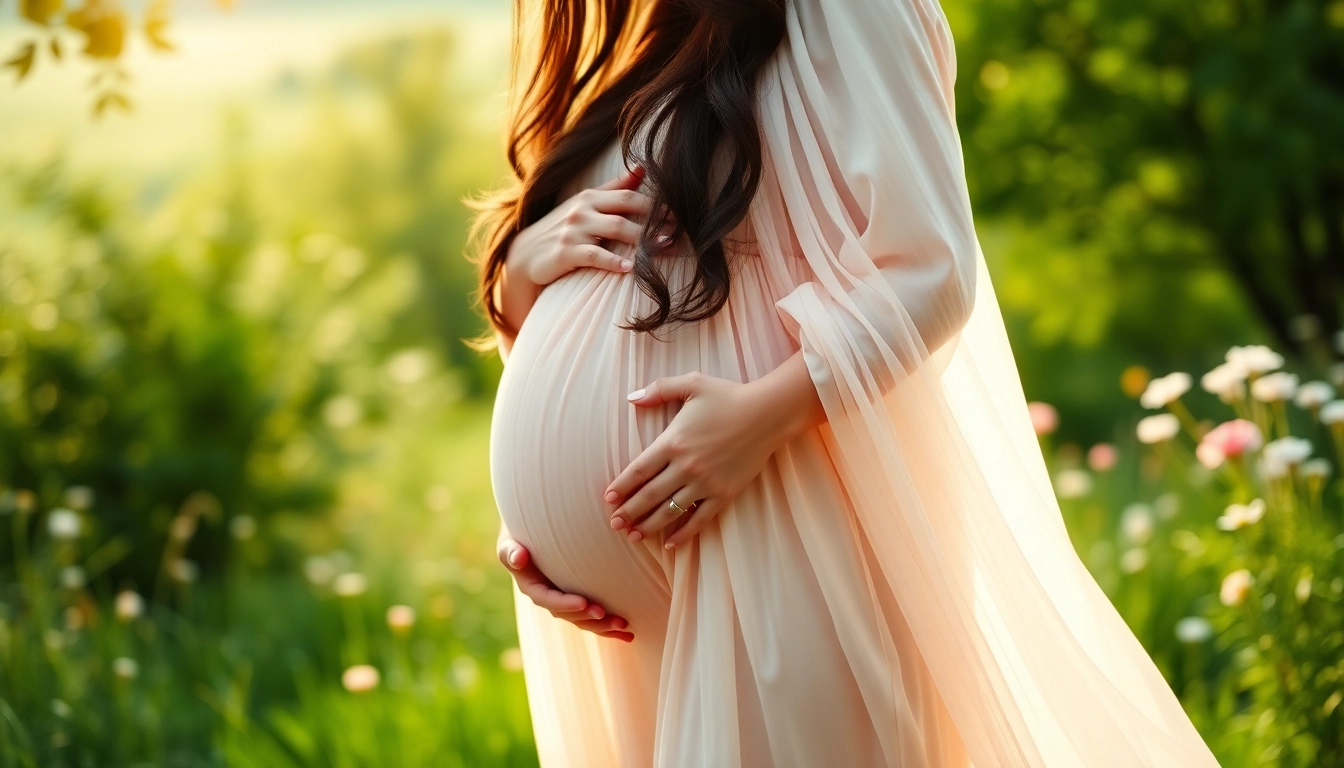 Schwangerschaftsfotografie einer strahlenden werdenden Mutter in einer natürlichen Umgebung.