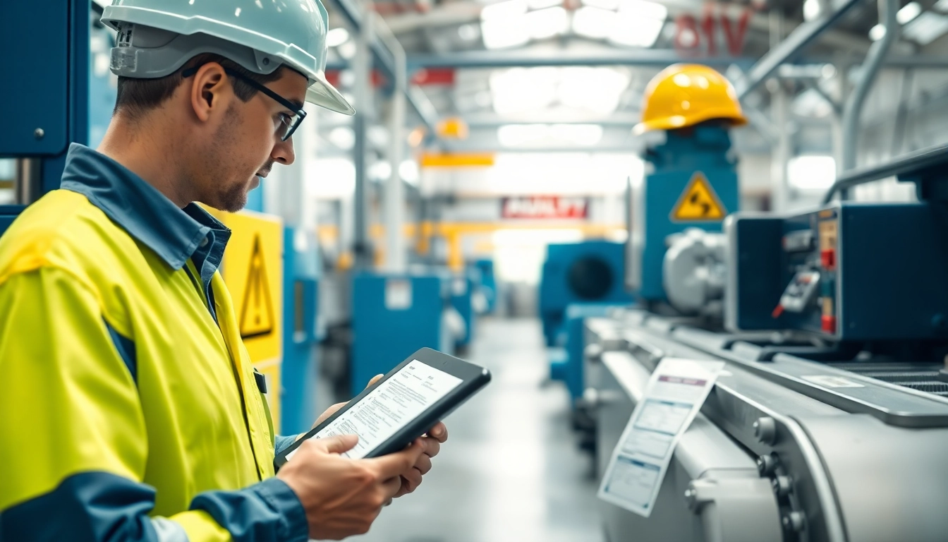 DGUV V3 Prüfung in action during a safety inspection with engineers analyzing machinery.