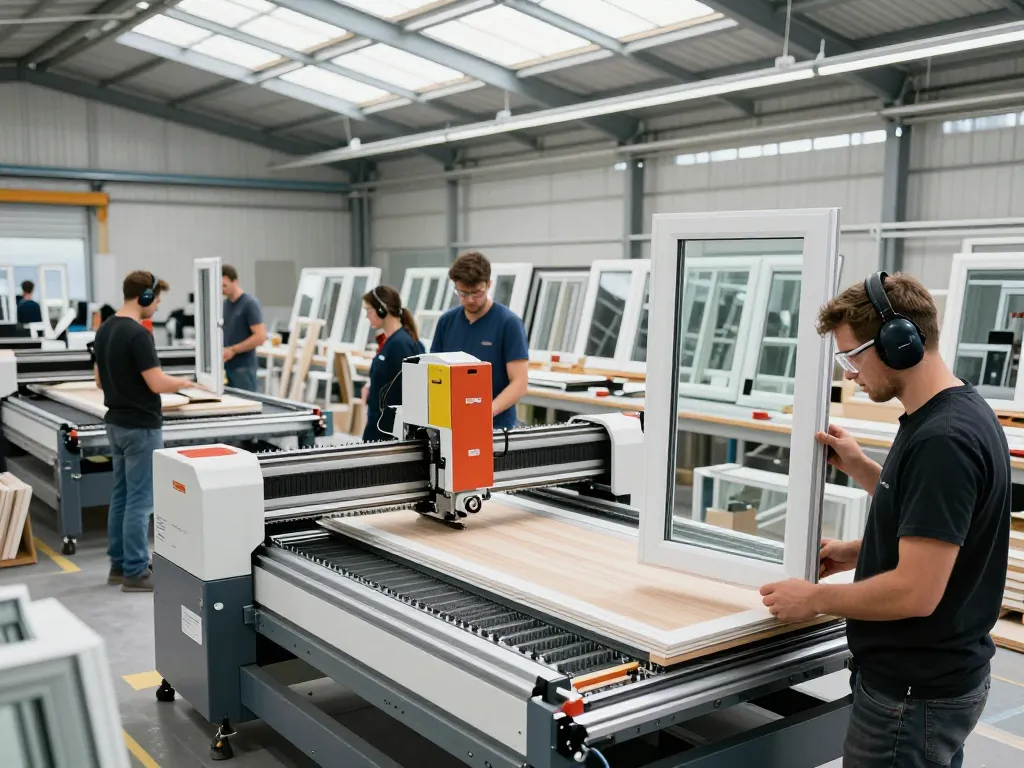 Arbeiter montieren Fensterbauprodukte in einer modernen Fabrikumgebung mit fortschrittlicher Maschinen.