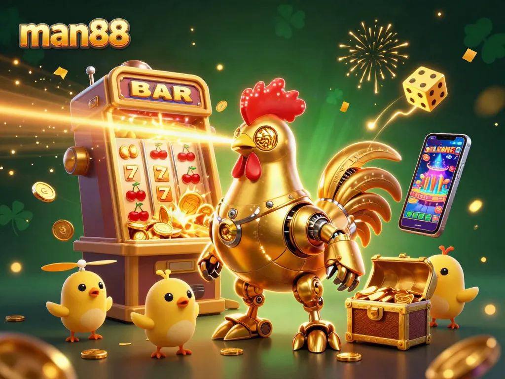 Engage with exciting man88 gaming rewards through a dynamic 3D scene of a golden rooster robot and baby chick drones.