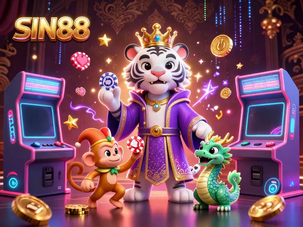 SIN88 showcases a vibrant casino scene with a royal tiger, jester monkey juggling chips, and a jade dragon in a 3D world.