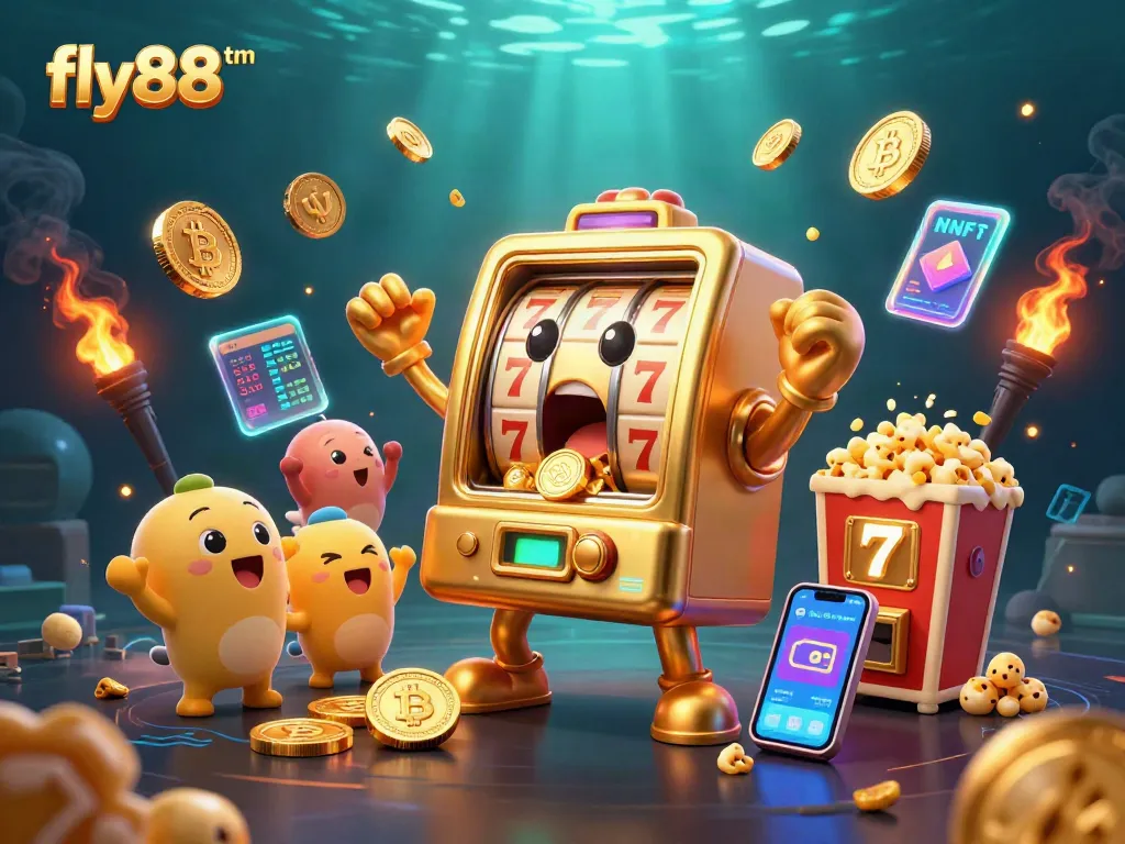 Experience the excitement of fly88tm with a joyful slot machine winning coins amidst vibrant casino elements.