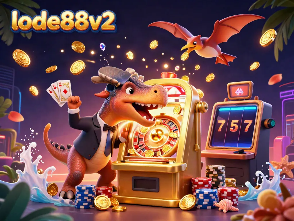 Experience the excitement of lode88v2 as a pachycephalosaurus interacts with a golden slot machine.