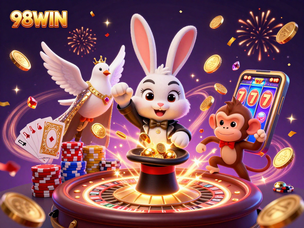 Engage in exhilarating gaming at 98WIN with golden coins cascading from a magician's hat and vibrant game elements.