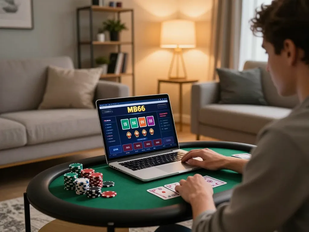 Player enjoying online gaming at MB66 with poker chips and laptop in warm home setting.