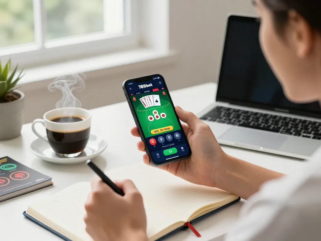 Active user playing 789 bet mobile app, engaging in strategic online casino gameplay from a cozy home office.