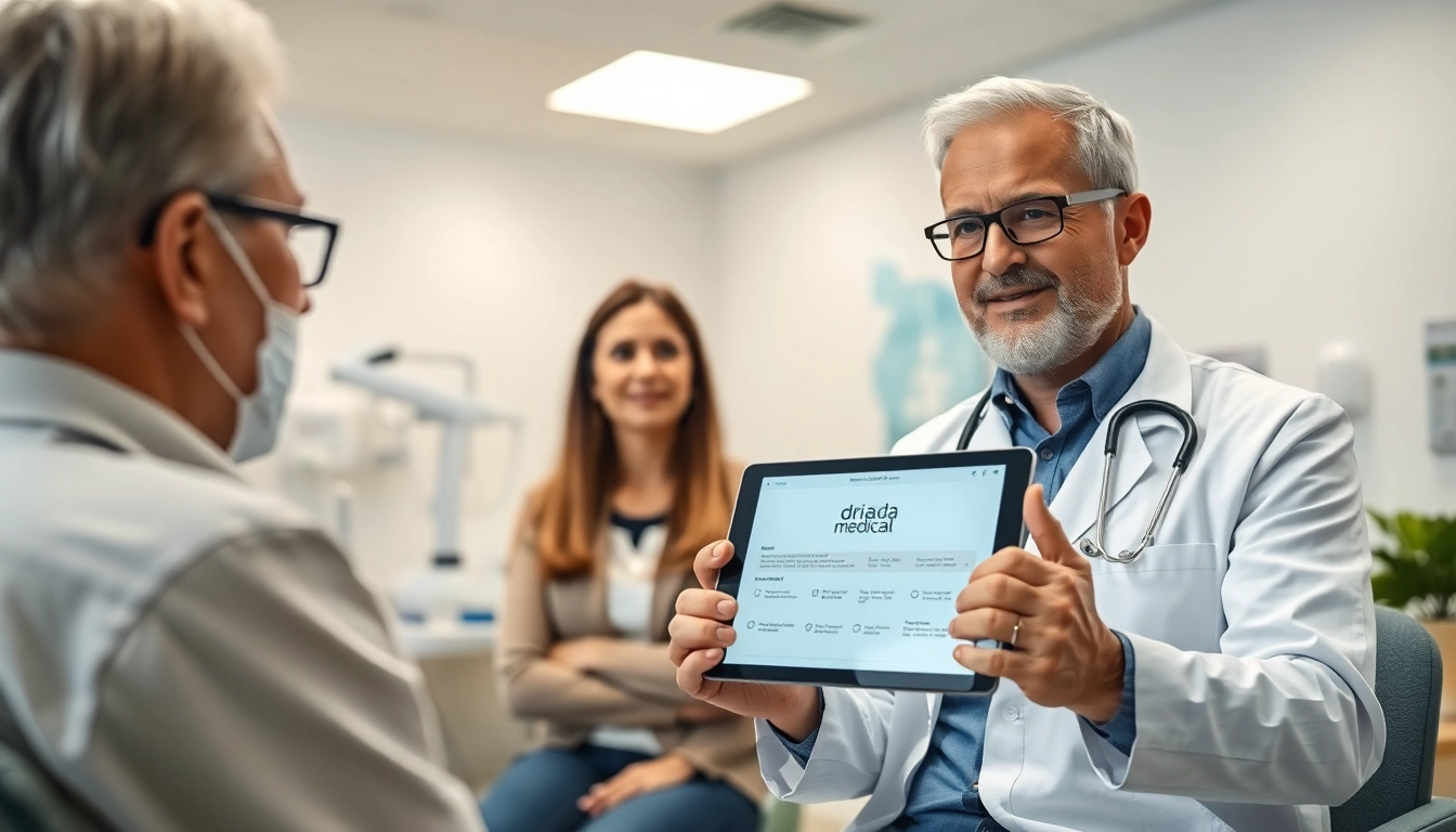 Driada medical Beratung zwischen Arzt und Patient in einer modernen Klinik mit natürlichem Licht.