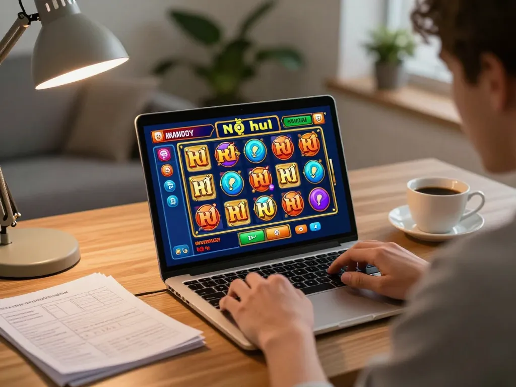 A player engaging with an exciting nổ hũ slot game during a cozy online casino session at home.