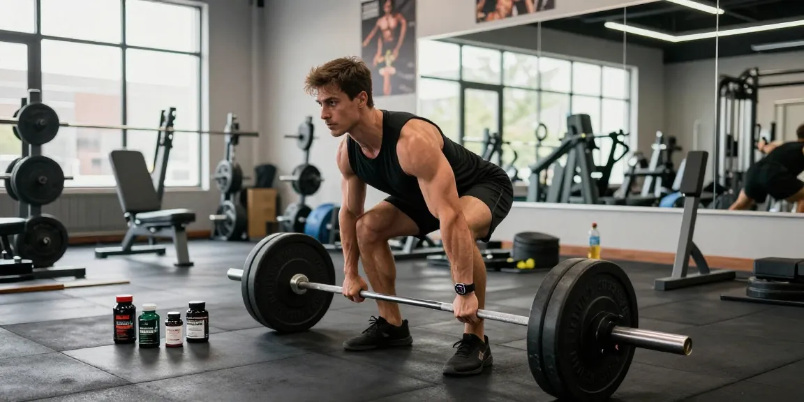 Kraftsportler, der in einem modernen Fitnessstudio Kreuzheben macht und seine leistungssteigernde Reise mit Steroidshop-Produkten zeigt.