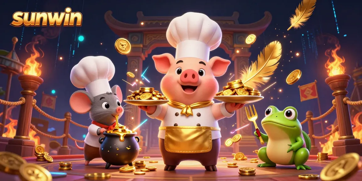 Experience exhilarating wins at Sunwin's casino scene featuring engaging characters serving gold coins.