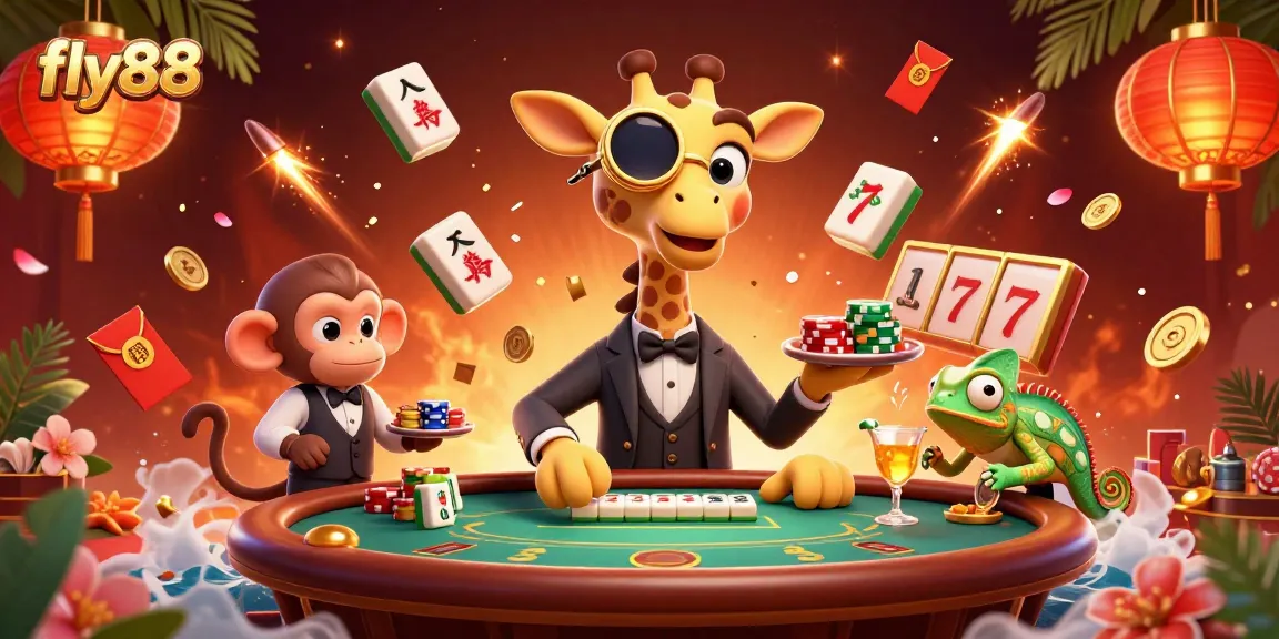 Experience thrilling fly88 gaming with a cartoon giraffe, monkey, and chameleon at a poker table.