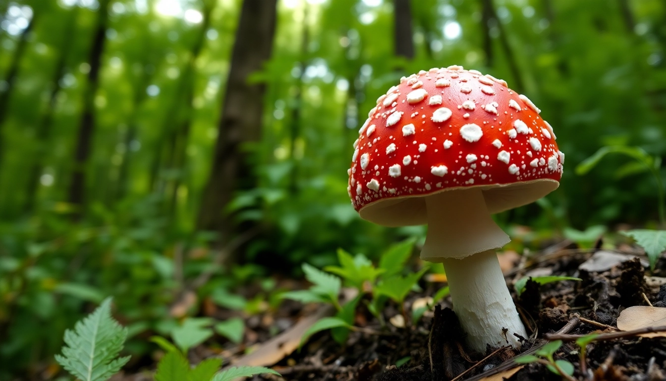 Entdecken Sie fliegenpilz pulver in seiner natürlichen Umgebung mit leuchtend roten Hüten und grünen Blättern.
