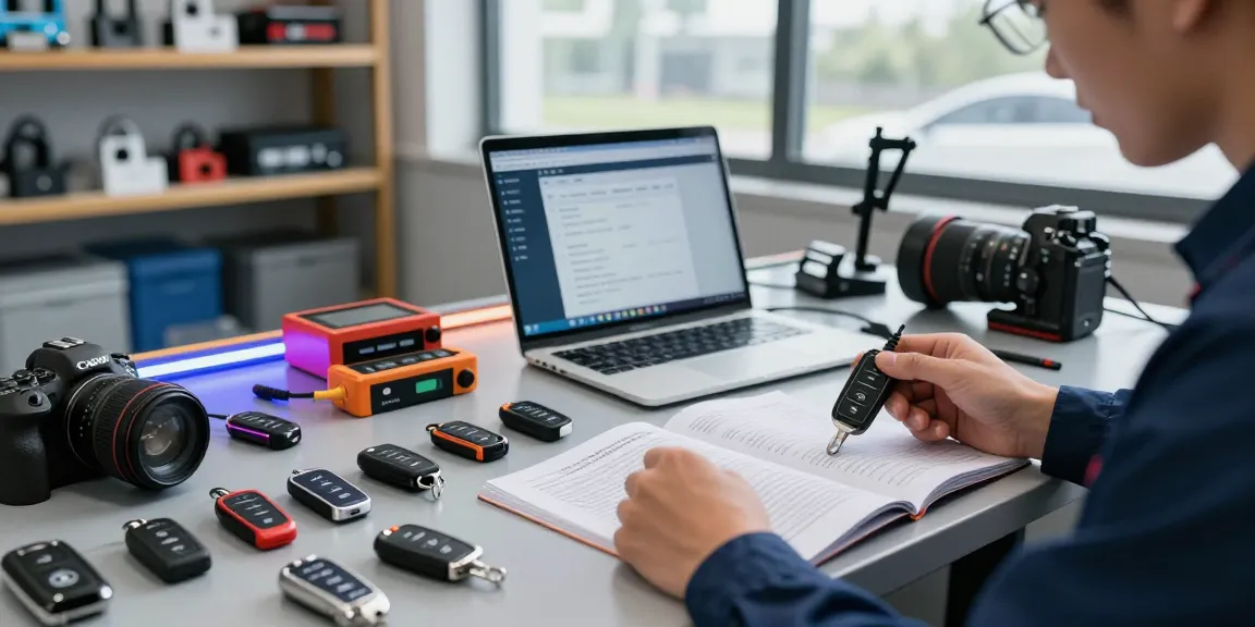 Ein Techniker überprüft Notschlüssel und Lösungen für Autoschlüssel in einer modernen Werkstatt, bitte schön für Autoteile.