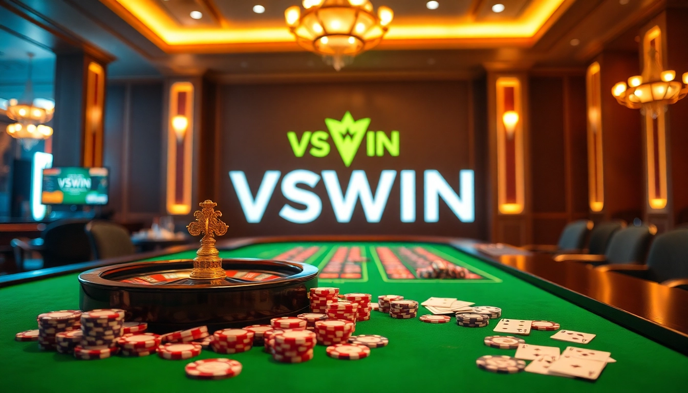 Experience the thrill of casino gaming at VSWIN with vibrant poker tables and chips.