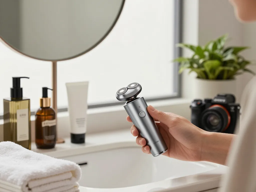 Laifen Europa elektrischer Rasierer in einem luxuriösen Badezimmer mit stilvollen Pflegeaccessoires präsentiert