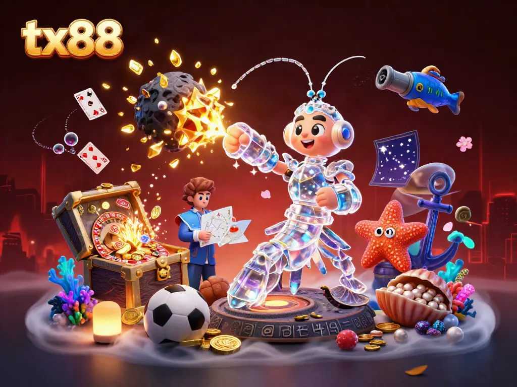 Experience thrilling action with tx88 in a vibrant 3D scene featuring a samurai mantis shrimp with gems and casino elements.
