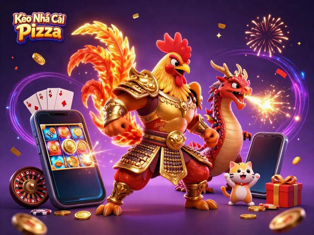 Kèo Nhà Cái Pizza showcases a vibrant 3D cartoon scene with a rooster warrior, dragon hatchling, and fortune cat amid casino games and dynamic elements.