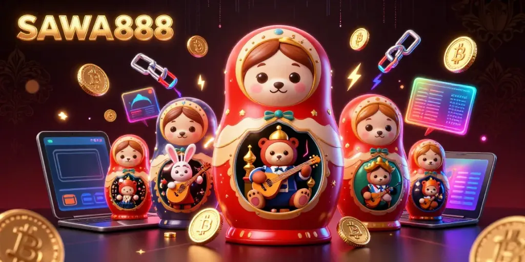 SAWA888 features a Matryoshka bear in a vibrant digital casino scene with crypto elements.