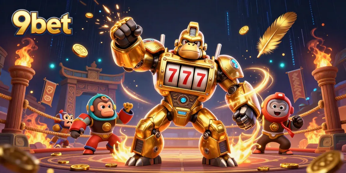 Engage with 9bet's dynamic casino experience featuring a golden gorilla mech and vibrant game elements.