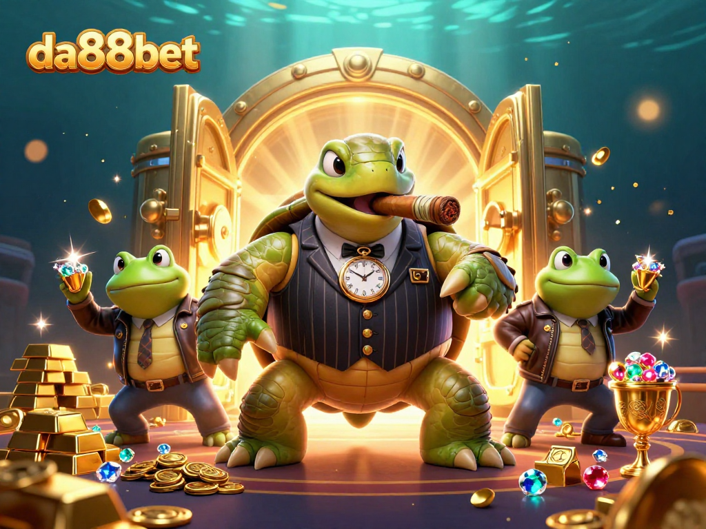 Experience thrilling wins at da88bet with a 3D turtle mobster and bullfrog enforcers in a dazzling casino scene.