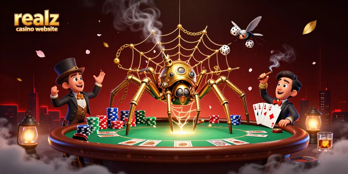 Erlebe die Spannung auf der Realz Casino Website mit einem Steampunk-Spinnenmotiv, das das Spielgeschehen einfängt.