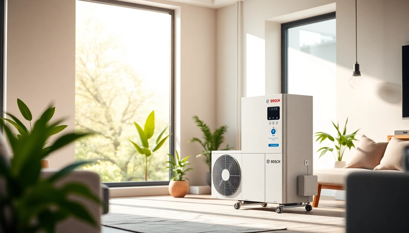 Die wärmepumpe bosch effizient in einem modernen Wohnzimmer installiert zeigt, wie Energie gespart wird.