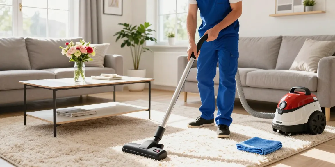 Expert technician from reinigungsfirma solothurn cleaning bright living room with vacuum.