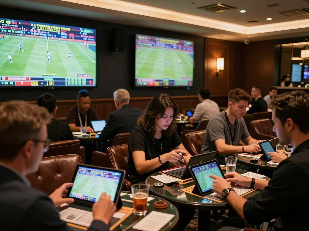 34win enthusiasts analyzing stats and betting slips in a stylish sports lounge atmosphere.