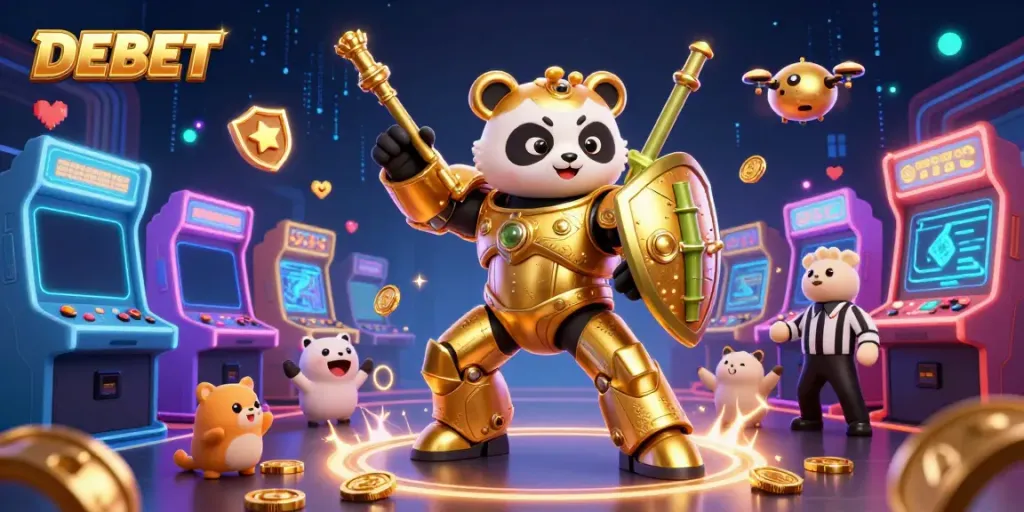 Engage with DEBET in a vibrant arcade casino arena, featuring a golden panda robot amidst thrilling game elements.
