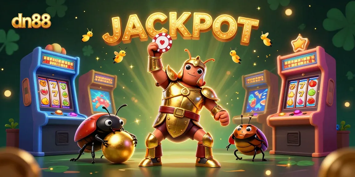 dn88 illustrates a vibrant gaming scene with a heroic beetle celebrating a jackpot with 3D casino elements.