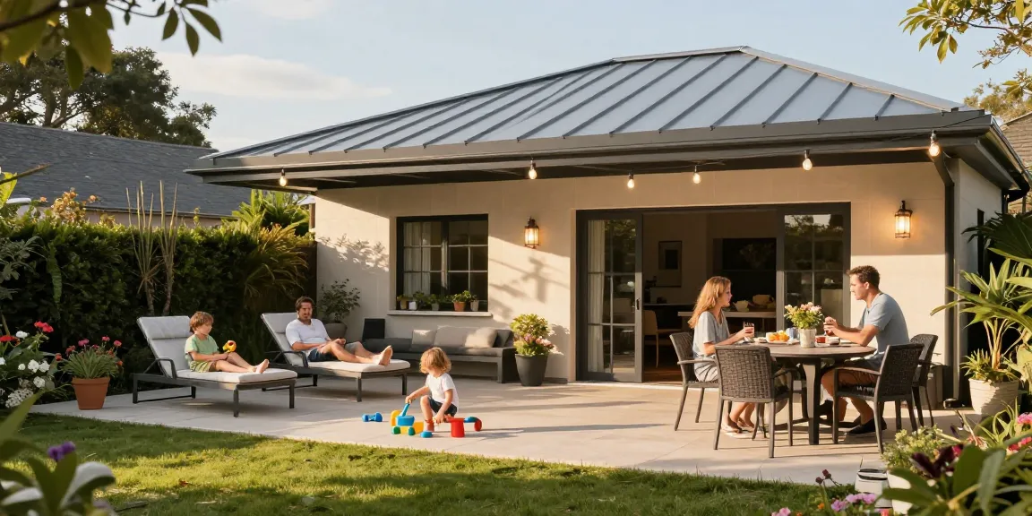 Gemütliche Terrasse mit Terrassenüberdachungen, auf der Familie entspannt und spielt.