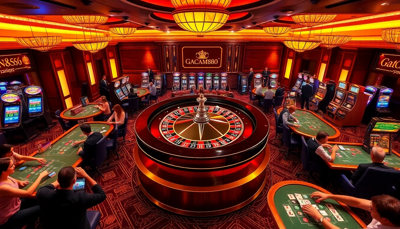 GACAM888 branded roulette wheel surrounded by players celebrating wins in a luxurious casino setting.