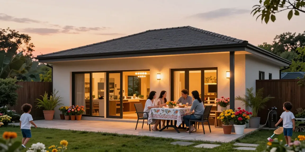 Terrassenüberdachung freistehend mit Familienessen im Garten bei Sonnenuntergang