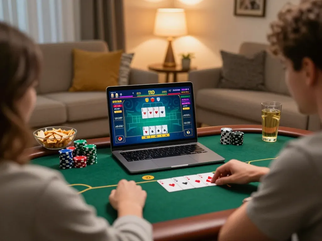 Engaged player using Vmax poker interface on a laptop in a cozy home setting.
