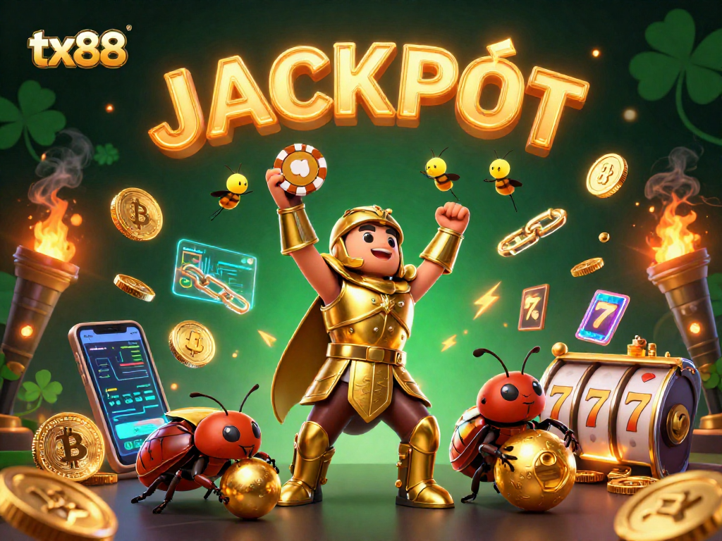 Win big at tx88 with the triumphant hercules beetle and golden poker chip in this vibrant casino scene