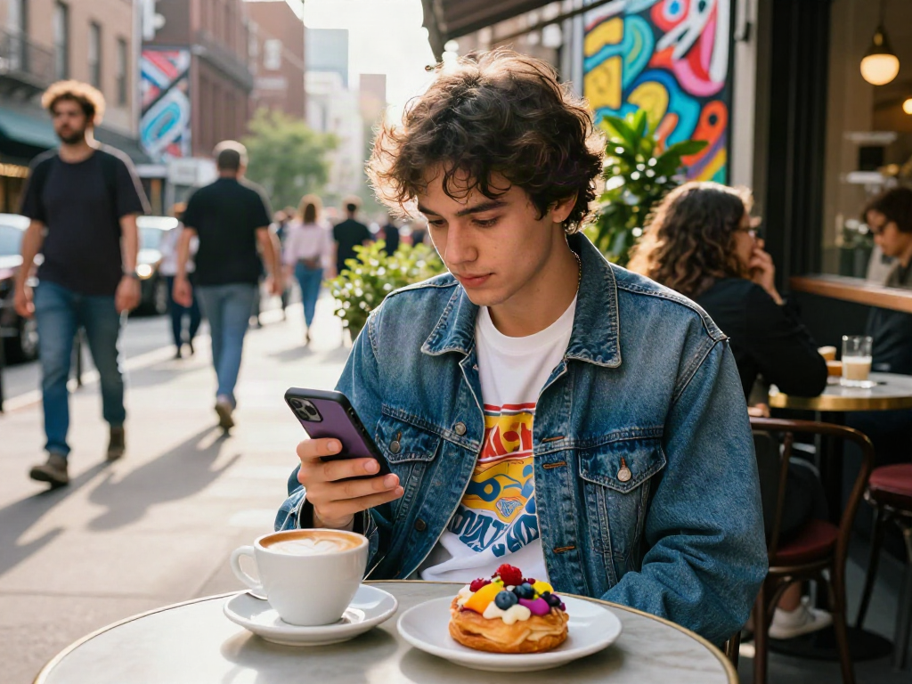 Youth enjoying coffee while using rokok88 app outdoors in city.