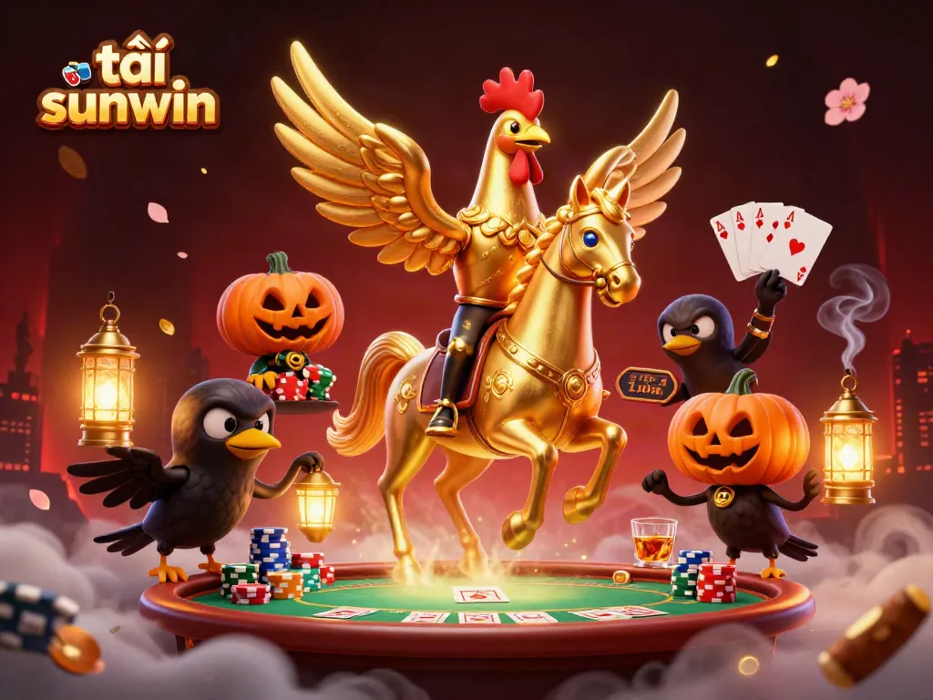 Experience the excitement of tải sunwin with a dynamic casino scene featuring a golden rooster and spectral horse.