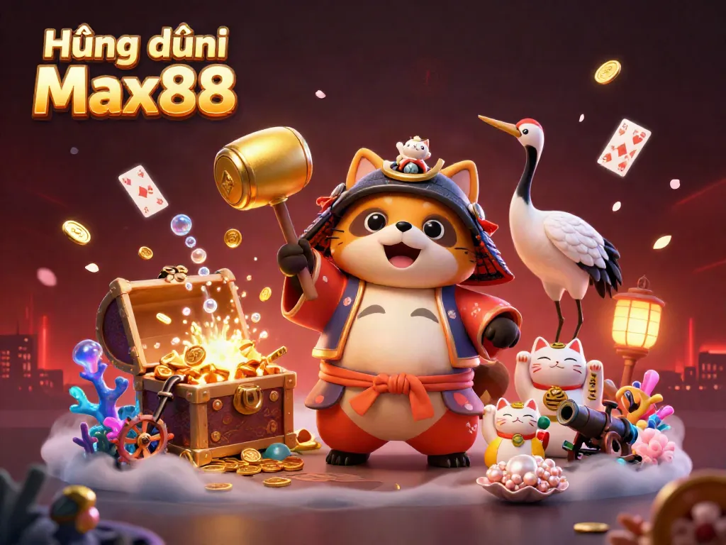 Engage with Hướng dẫn Max88 through a vibrant 3D illustration depicting the cheerful tanuki and samurai crane amidst a dynamic gambling scene filled with gold and gems.