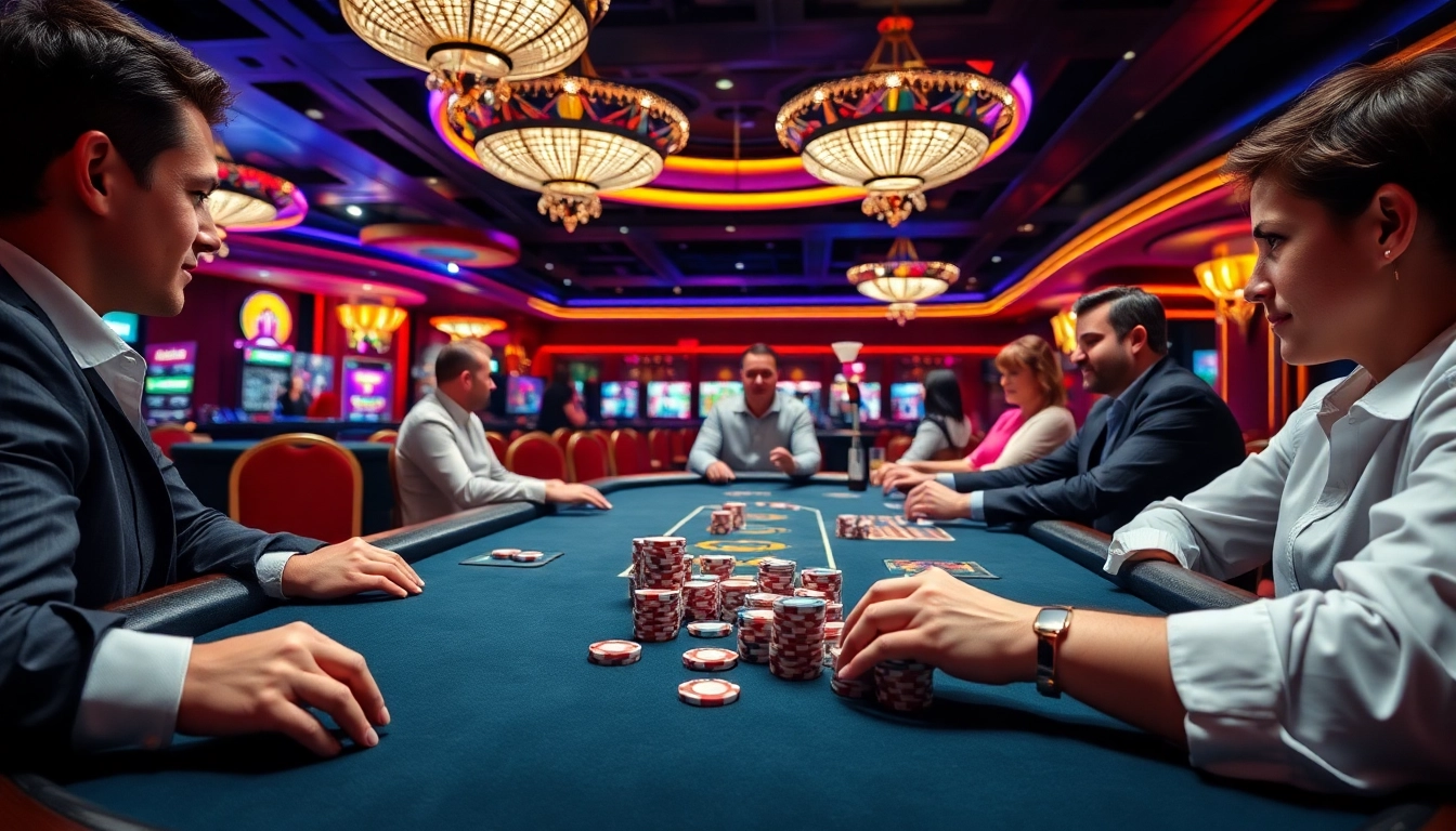 Spiele pflegedienst bornheim an einem Tisch im Casino mit lebhaften Spielern und Chips.