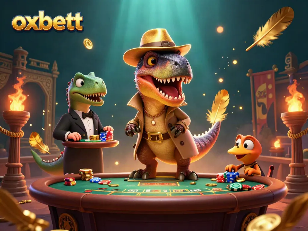 Experience exhilarating gaming at Oxbett's blackjack table with charming cartoon dinosaurs.