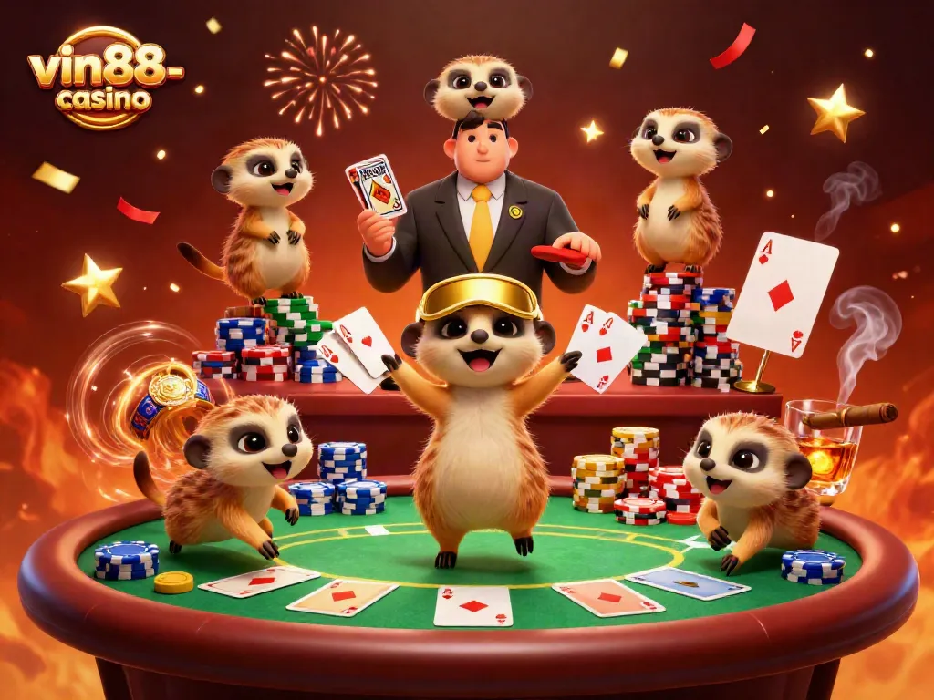 Experience the excitement of vin88-casino with meerkats managing a vibrant casino scene filled with action and fun.