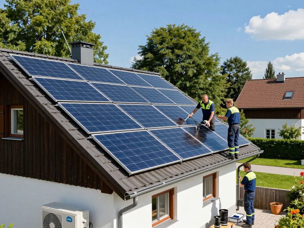 Photovoltaik Bayern Installationsteam arbeiten an Solarpanelen in Bayern und zeigen den Übergang zu erneuerbaren Energien.