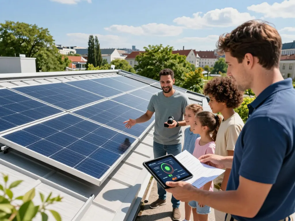 Familie prüft die Dachinstallation von Solar Wien und diskutiert über Energiekosteneinsparungen und Nachhaltigkeit in Wien.