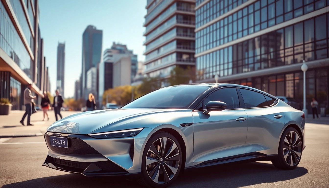 Elektroautos parken in einer urbanen Landschaft mit modernem Hintergrund.