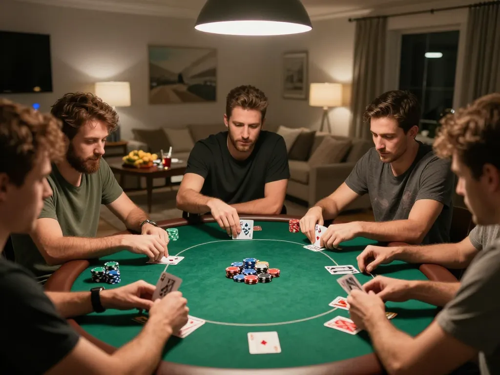 Tỷ lệ kèo nhà cái 5 showcased at home poker night with friends, highlighting strategic gameplay and social interaction.